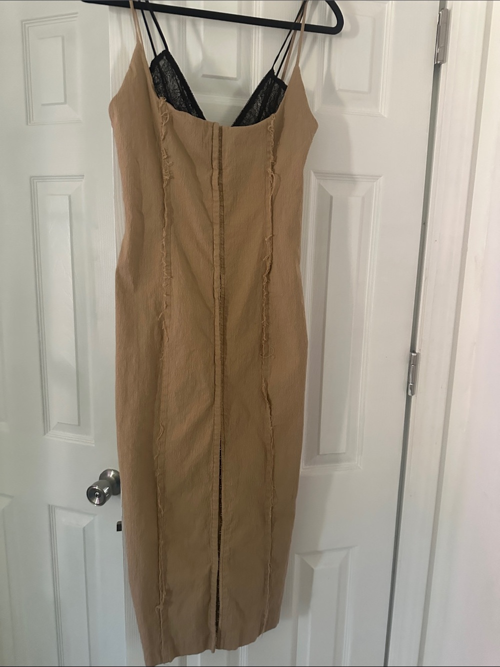 Tan Midi Slip Dress with Lace Trim